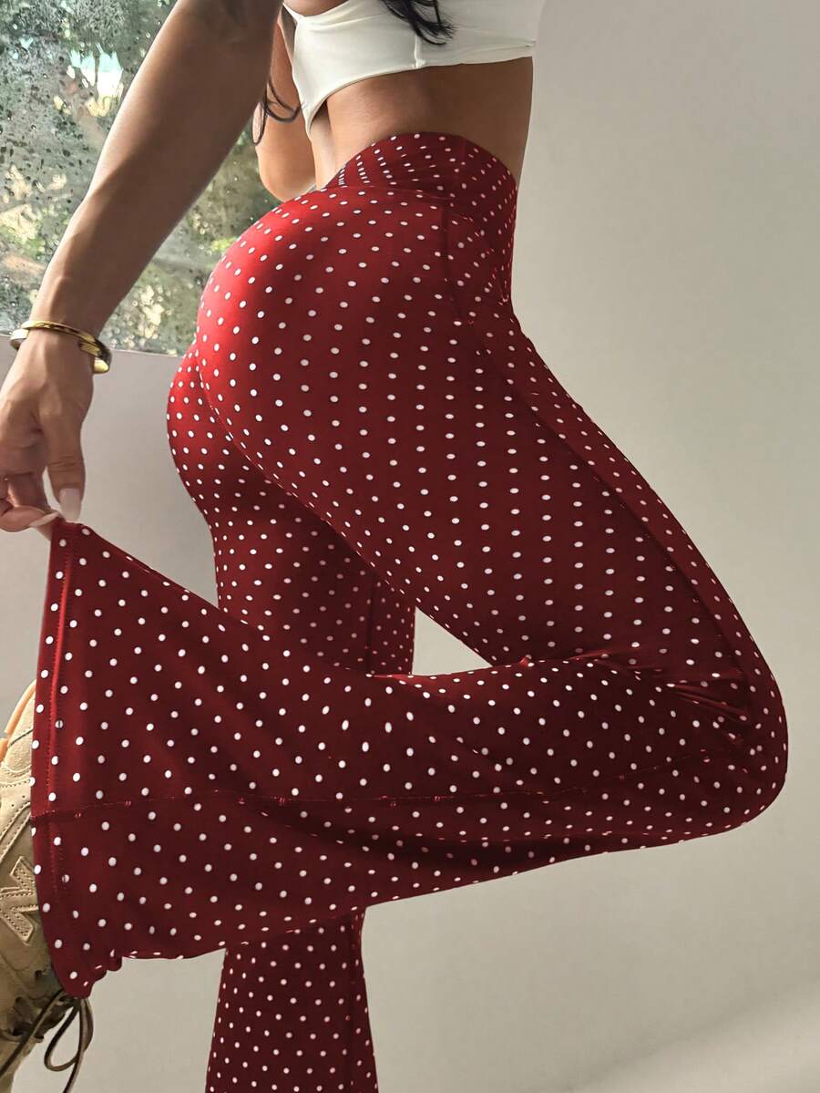 Dewbera 女士常规腰围黑色波点印花喇叭裤，适合日常休闲穿着、跑步、瑜伽、健身、网球、高尔夫等运动，秋冬季款 - 酒紅色 - 查看 1