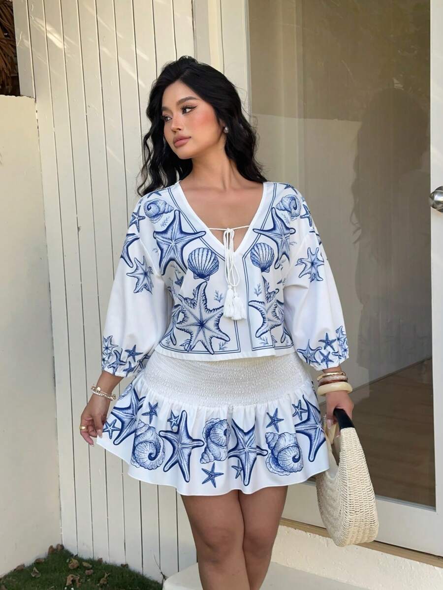 Sunnyshic 春夏秋季新款流苏蝴蝶结优雅度假风印花面料泡泡袖褶皱系带衬衫，搭配收腰A字裙两件套 - 彩色 - 查看 1