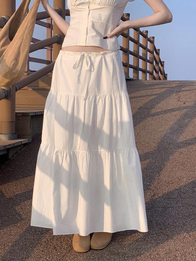 Women's High Waist Pleated A-Line Long Skirt