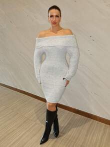 MDEdit 灰色露肩高领长袖迷你毛衣裙，上衣宽松下装紧身，适合年轻女士，秋冬 - 灰色 - 查看 2