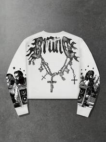 ROMWE MEN Goth Spring Casual Graphic White Men'S Street Style Casual Printed Pullover Pullover Sweatshirt - White - View 2