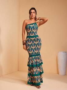 JIAN LASALA Contrast Blocked Print Mesh Asymmetric One-Shoulder Layered Ruffled Sleeveless Women Long Dress - Green - View 3