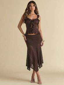 SHEIN BAE 棕色纹理腰果花蕾丝边方领荷叶边吊带背心，女士款，棕色蕾丝上衣，夏季上衣 - 棕色 - 查看 5