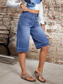 EMERY ROSE 女士休闲日常口袋纽扣牛仔短裤 - 藍色 - 查看 7