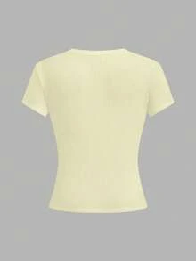 SHEIN Camiseta casual ajustada de mujer con cuello redondo, manga corta y estampado floral - Multicolor - Ver 2