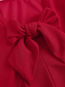 SHEIN Vestido rojo de línea A con cuello cuadrado elegante y lindo, con parches y gran lazo en la espalda para adolescentes - Rojo - Ver 4