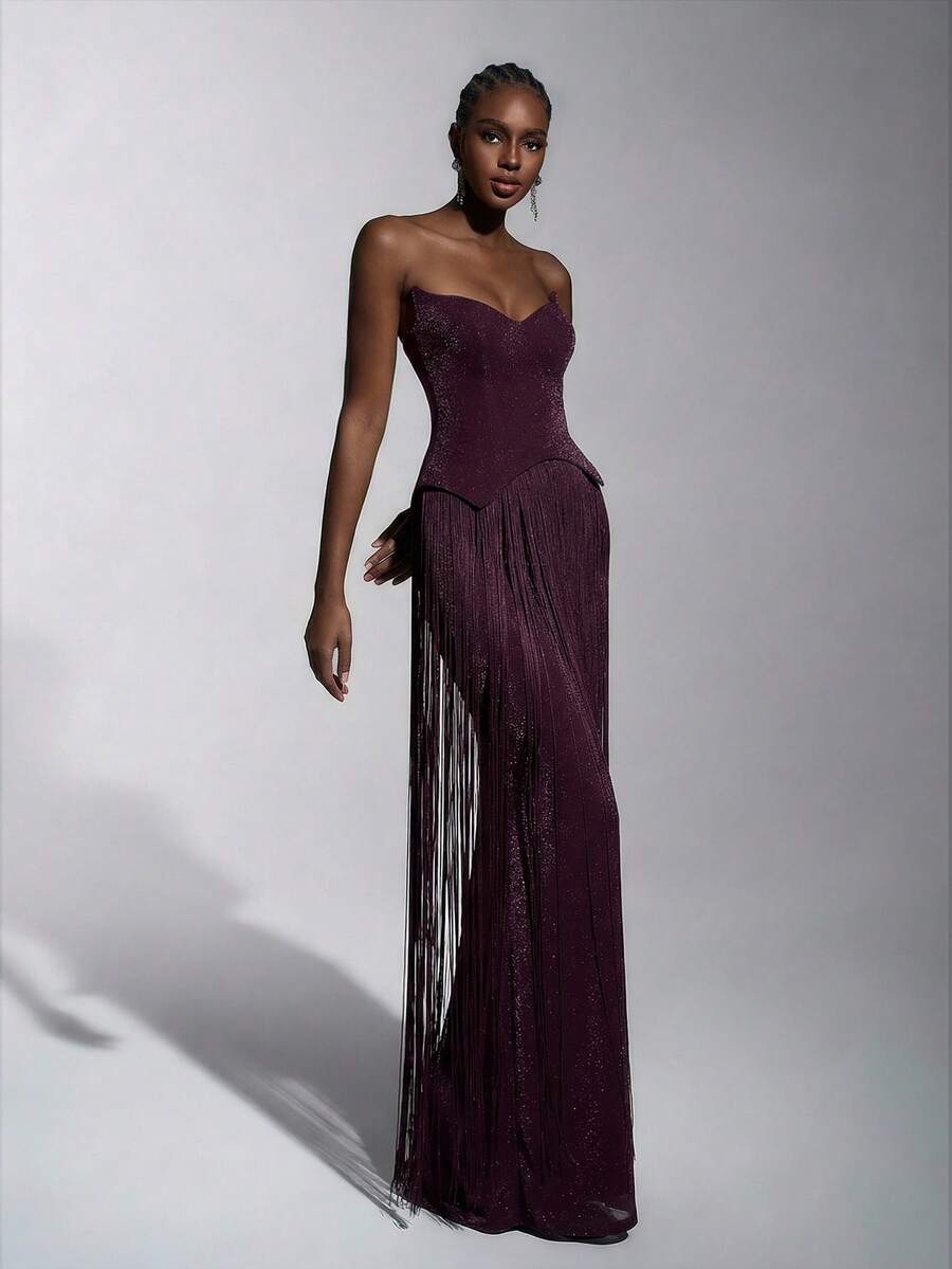 Elitara 优雅奢华性感针织亮片露肩猫领腰部流苏装饰修身连衣裙，适合晚宴、展览、商务活动等正式场合，女士晚礼服 - 深紫色 - 查看 1