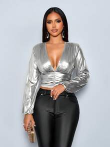 SOLERSUN Women's Daily Elegant Deep V-Neck Slim Fit Shirt Crop Top Daily Casual Gathering Simple Going Out Women's Autumn Top Spring And Summer - Silver - View 5