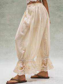 Bohemela Women's Vacation Casual Lace Patchwork Pants - Beige - View 6