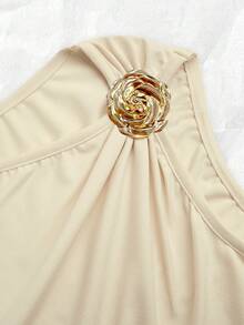 Olithes 女士春夏新款褶皱无袖修身迷你连衣裙，休闲百搭，适合通勤、度假、约会 - 杏色 - 查看 6