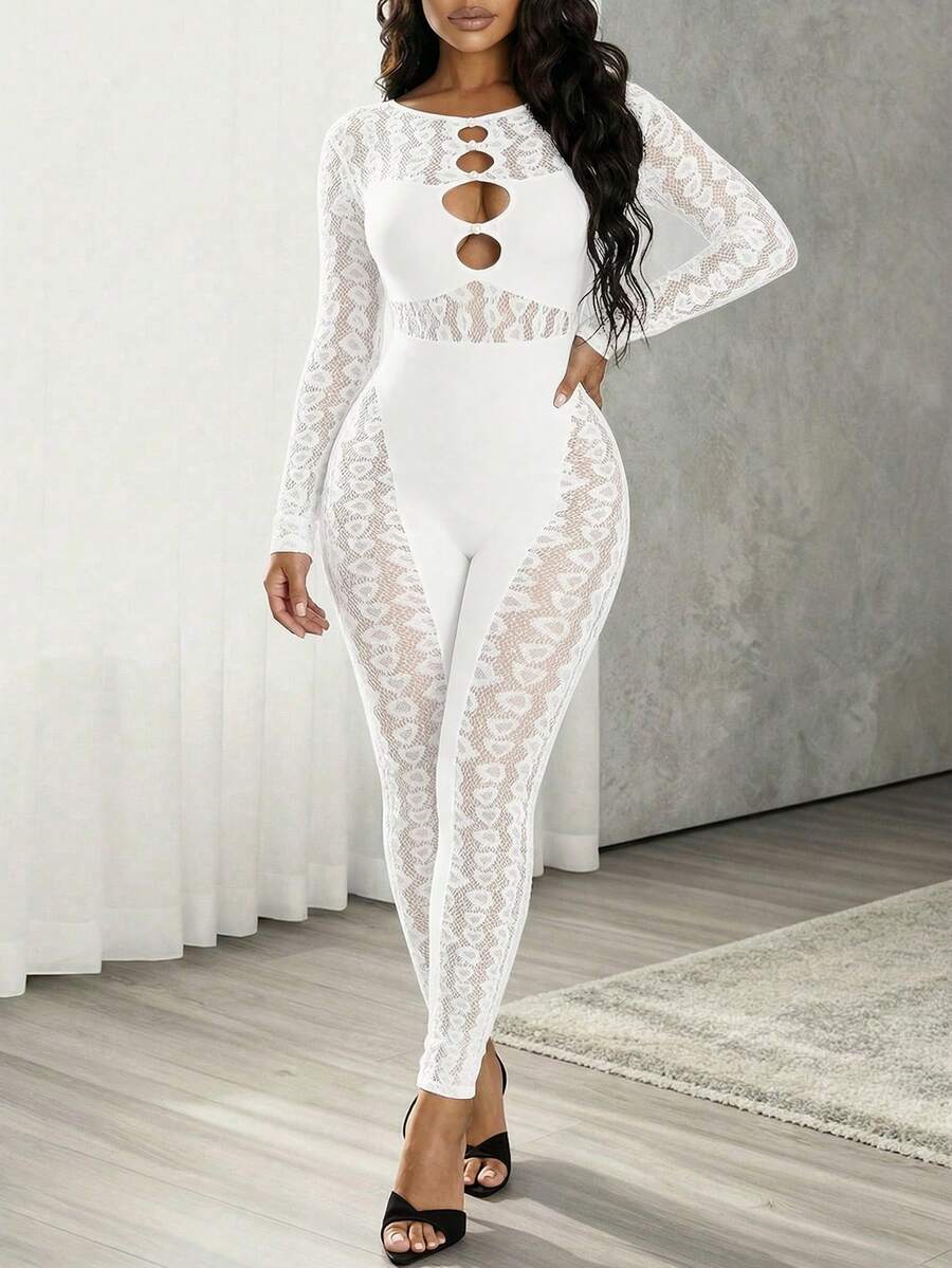 VaVaBold Women's Solid Color Lace Hollow Long Sleeve Slim Fit Sexy Jumpsuit New Years Club Holiday Party Outfits Women - Beige - View 1