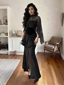 SHEIN Elenzya 女士复古酒红色天鹅绒蕾丝披肩，A字鱼尾裙摆，适合日常穿着、婚礼、晚宴、通勤、毕业派对、节日、约会、聚会、万圣节、圣诞节、新年、感恩节等场合 - 中长款连衣裙 - 黑色 - 查看 6