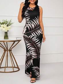 SHEIN Lady Women's Tropical Plant Print Round Neck Sleeveless Mermaid Hem Fitted Dress, Vacation - Multicolor - View 5