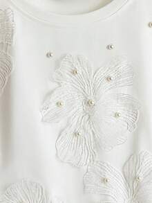 Everyssa 女士夏季针织弹力圆领短袖铆钉镂空花卉休闲T恤 - 白色 - 查看 5