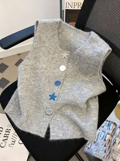 GlowEve CURVE Spring/Summer Fashion Casual Beachwear Plus Size Solid Color Women's Sweater Vest With Ocean Elements Decorated With Starfish And Shell Buttons Plus Size Women's Beach Resort Wear