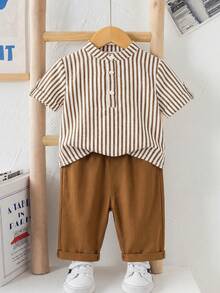 SHEIN Baby Boys Everyday Casual Co-Ord Set With Striped Stand Collar Short Sleeve Shirt And Long Pants Button Front Multicolored Polyester Outfit - Multicolor - View 8