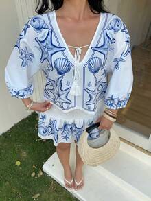 Sunnyshic 春夏秋季新款流苏蝴蝶结优雅度假风印花面料泡泡袖褶皱系带衬衫，搭配收腰A字裙两件套 - 彩色 - 查看 5