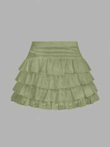 SHEIN MOD 女士白色蕾丝荷叶边迷你裙，情人节，度假装扮，性感夜店装扮 - 綠色 - 查看 2