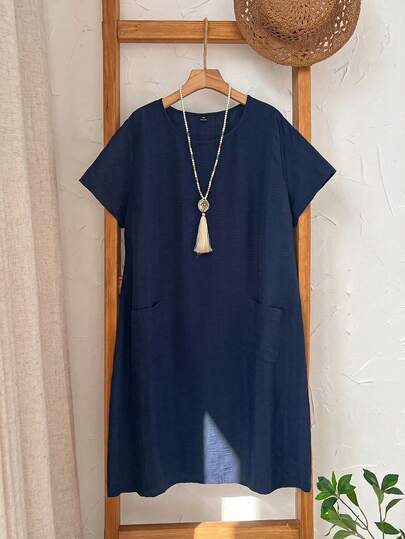 EMERY ROSE Plus Size Women's Summer Casual Vacation Country  Solid Color Navy Blue Short Sleeve Dres With Pocketss, Early Spring,Spring Break Outfits ,Vacation Outfits Women ,Holiday Outfits For Women,Spring Clothes Women,Going Out Outfits,2026 New Clothes,Simple And Fashionable For Everyday Wear,Sun Dresses For Women,Sundress,Flowy Dress,Holiday Outfits Boho