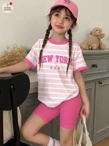 两件套女童休闲蓝条纹套装，饰有“NEW YORK”图案，搭配粉色撞色上衣和短裤，返校季学院风短袖上衣和短裤，可爱夏日装扮 - 彩色 - 查看 2