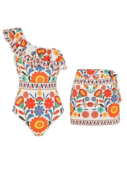 Swim Oasis 一件式印花连体泳衣，带裙摆，性感优雅，显瘦塑形，适合春夏海滩、度假、派对等场合。