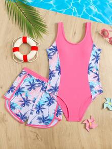 两件套女童热带花卉印花泳衣套装，含沙滩短裤，适合夏季、冲浪、海滩、度假、游泳池等场合。 - 彩色 - 查看 3