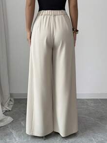 Elenzga Women's Spring/Summer Elegant Pleated Design Straight Leg Trousers With Pockets, Casual Workplace/Romantic/Vacation Wear, Light Khaki - Apricot - View 2