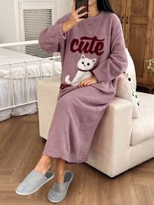 DAZY 宽松针织猫咪印花睡裙，女士秋冬睡衣 - 淺灰紫 - 查看 5