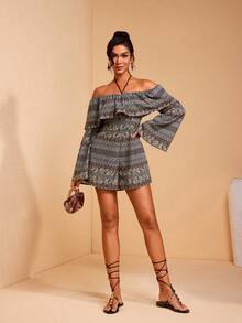 JIAN LASALA All-Over Print Woven Off-Shoulder Ruffled Neckline Flared Sleeves Halter Loose Romper Jumpsuits - Multicolor - View 5