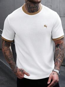 Manfinity CasualCool Men's Contrast Color Embroidered Logo Pullover T-Shirt, Suitable For Home, Outing And Gatherings - White - View 4