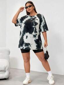 SHEIN EZwear 大码女式扎染圆领短袖休闲宽松百搭T恤 - 彩色 - 查看 4