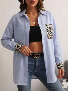 EURMUSE Leopard Detailed Button-Down Long Sleeve Blouse - Blue - View 1