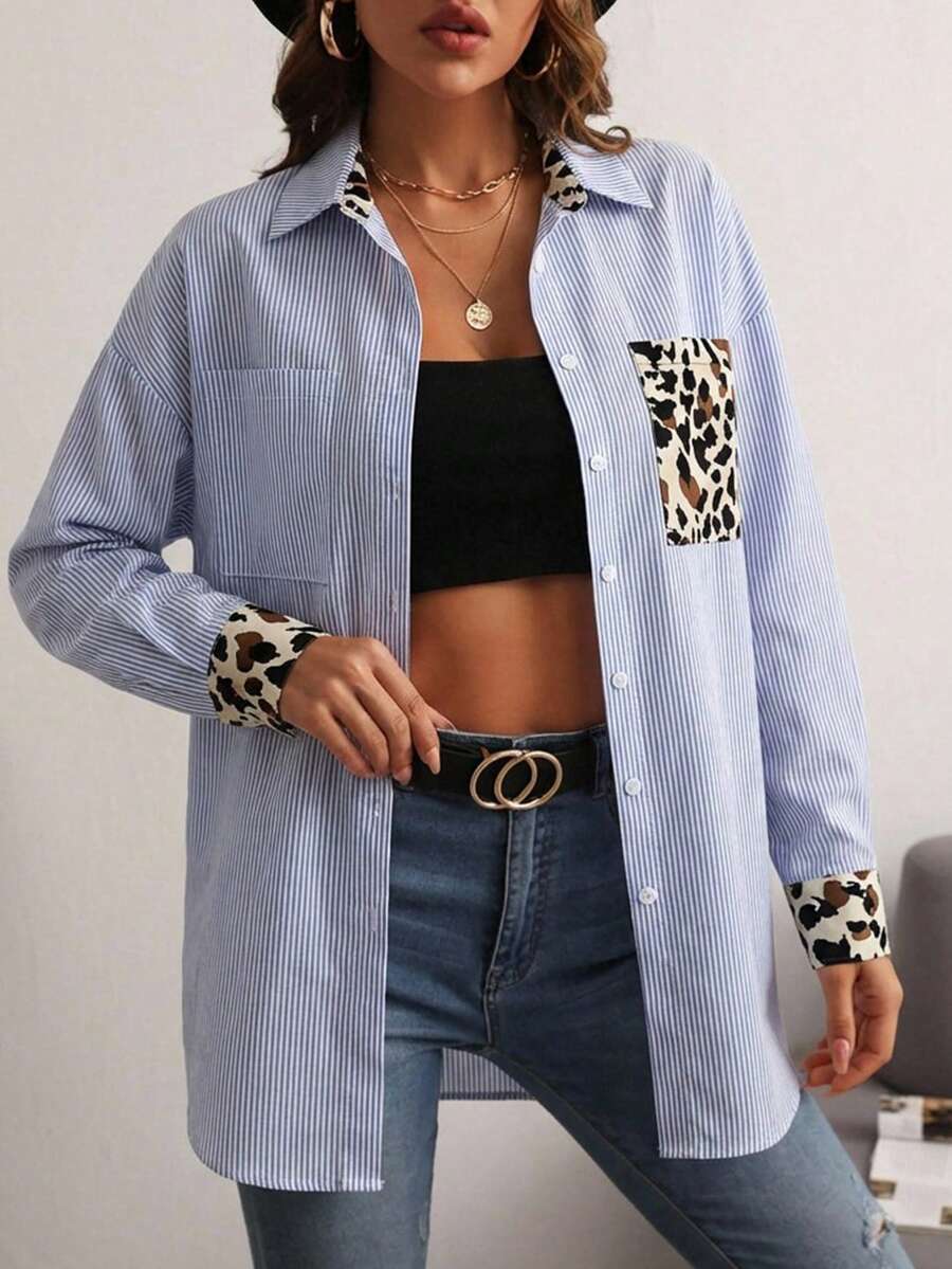 EURMUSE Leopard Detailed Button-Down Long Sleeve Blouse - Blue - View 1