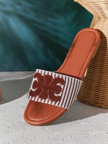 SHUZIA Women's Elegant Embroidery Upper Slip-On Flat Sandals - Beige - View 6