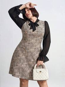 Chikora 大码优雅商务通勤连衣裙，黑色雪纺袖拼接仿粗花呢针织印花，金属纽扣撞色设计，秋冬款 - 彩色 - 查看 8