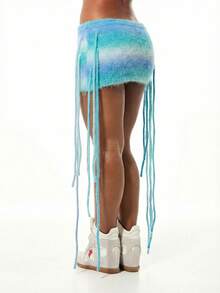 SUMWON WOMEN Fuzzy Knit Mini Skirt With Side Ties Ombre Gradient Pattern Soft Touch Texture Festival Winter Cozy Knitwear - Blue - View 2