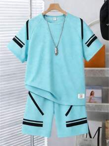 2件套青少年男童街头休闲短袖T恤短裤套装，适合时尚男孩 - 藍色 - 查看 1