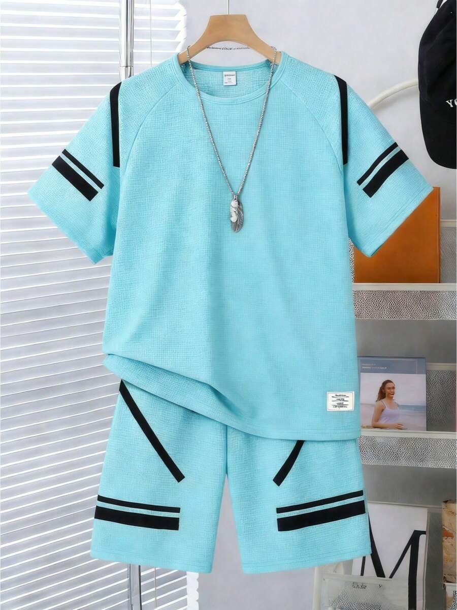 2件套青少年男童街头休闲短袖T恤短裤套装，适合时尚男孩 - 藍色 - 查看 1