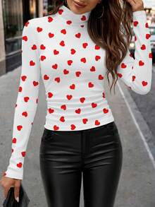 SHEIN Clasi 女士休闲简约红白撞色爱心印花高领打底T恤，适合情人节、秋冬季、早春穿着 - 彩色 - 查看 4