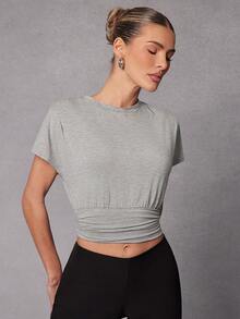 Hauture Women's Waist Cinching Tee Shirt With Shoulder Detail - Light Grey - View 1