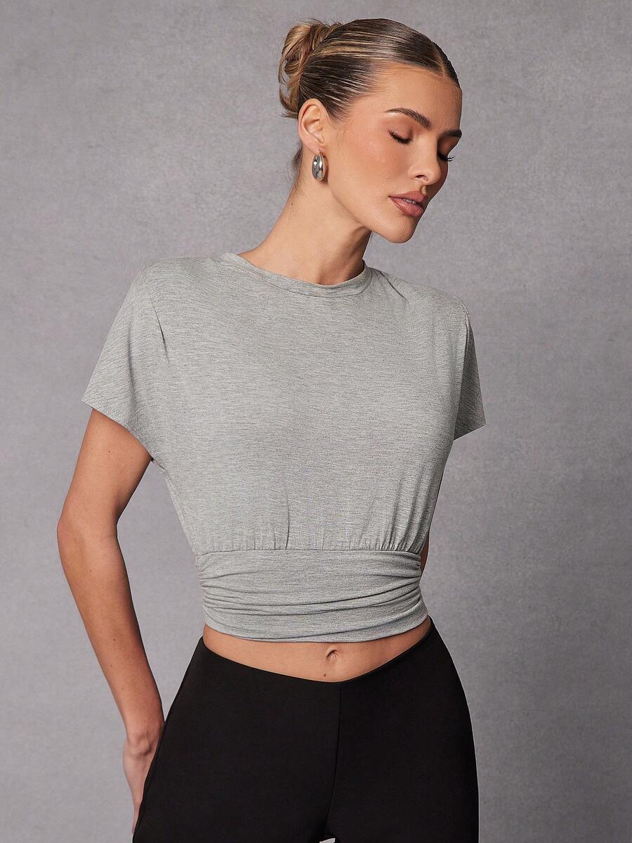 Hauture Women's Waist Cinching Tee Shirt With Shoulder Detail - Light Grey - View 1