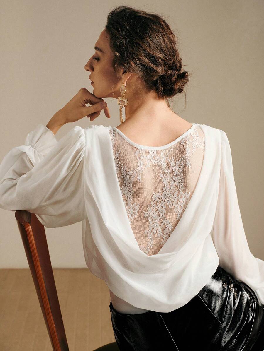 Arave Women's Knitted Contrast Lace Round Neck Puff Sleeve Cuff Tassel Floral Unique Design Casual Sexy Vacation Party Bodysuit White Blouse - White - View 1