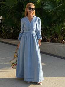 Livesso Puff Sleeve V-Neck Waist Cinched Vacation Denim Dress For Women - Blue - View 1