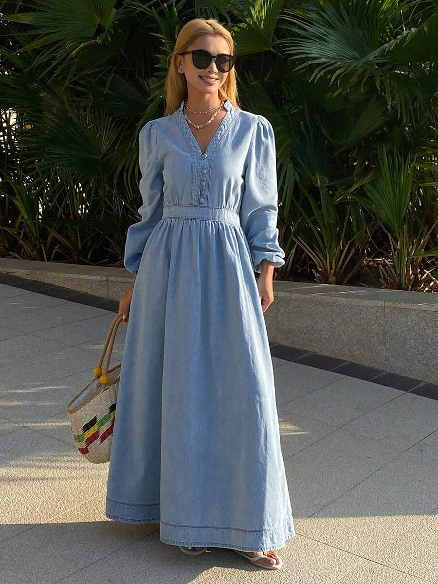 Livesso Puff Sleeve V-Neck Waist Cinched Vacation Denim Dress For Women - Blue - View 1