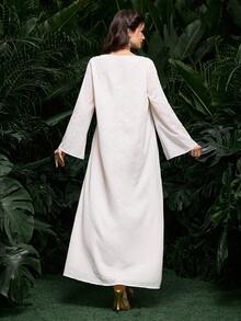 Al Najma V-Neck Fringed Embroidered Elegant Loose Long Sleeve Dress For Women - Apricot - View 6