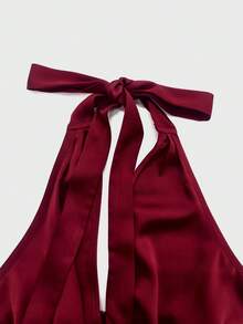 GlowEve 新款V领交叉领无袖亮面面料优雅通勤年轻百搭日常修身女式衬衫 - 酒紅色 - 查看 4