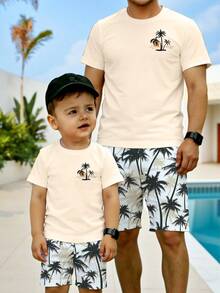 SHEIN Streecool Kids 2pcs/Set Toddler Boys' Casual Creative Coconut Tree, Sunset, Wave Graphic Print Short Sleeve T-Shirt And Shorts, Comfortable Daily Outfit, Suitable For Spring, Summer And Autumn - Multicolor - View 5
