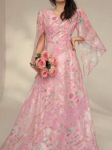DAZY Vestido con estampado floral de primavera y verano, vestido midi elegante y entallado para el Día de San Valentín, boda, fiesta, ocasión formal, uso casual, vestido de verano de manga larga con estampado floral oscuro - Celeste - Ver 1