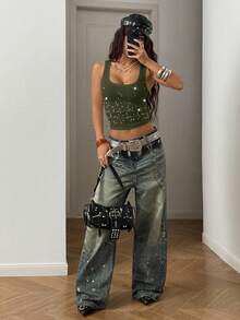 StreetHx Women's Summer Street Rhinestone Ruched Tight Fit Round Neck Camisole - Army Green - View 6