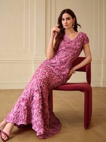 ZEYLAH V-Neck Floral Embroidered Fitted A-Line Dress, Spring/Summer - Violet Purple - View 6